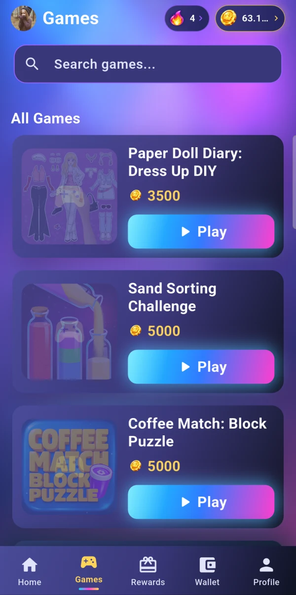 JoyPlay Games screen with game search and available game offers