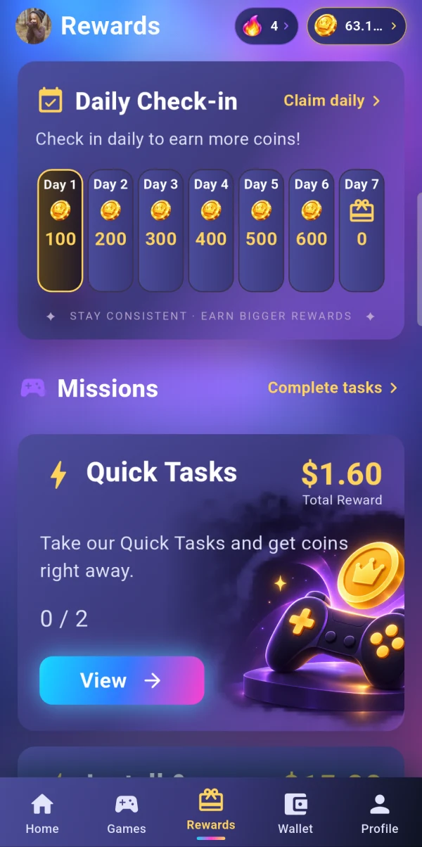JoyPlay Rewards screen with daily check-in and missions
