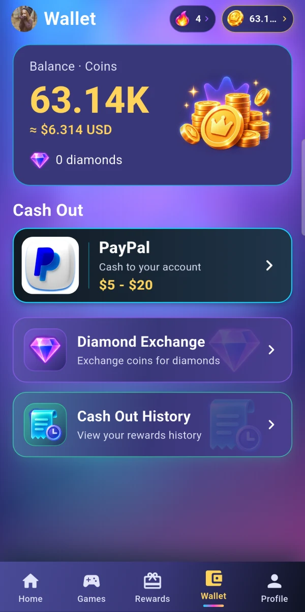 JoyPlay Wallet screen with coin balance, cash-out options and history