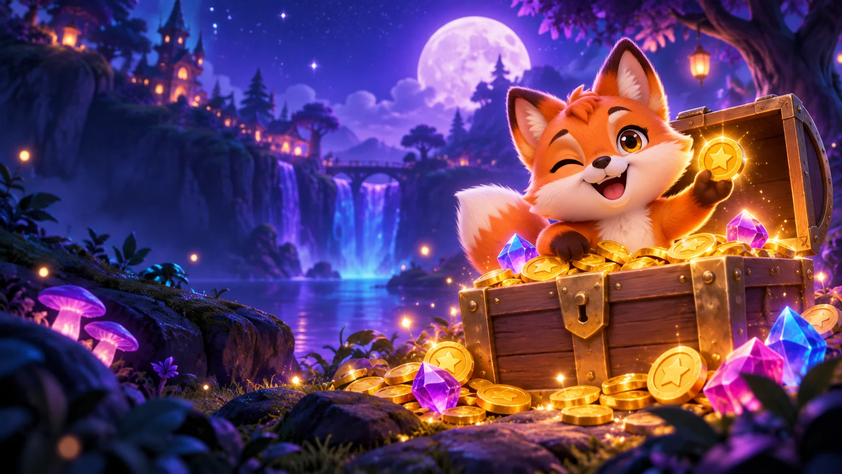 The JoyPlay fox with a gold coin and treasure chest in a moonlit forest